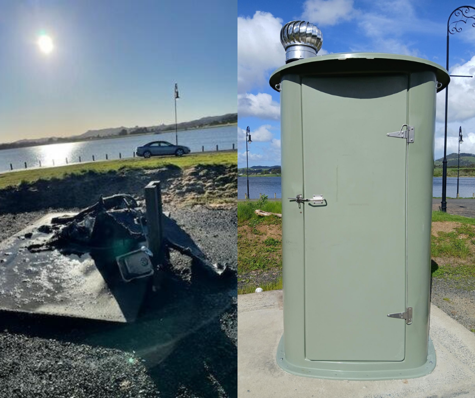 Lake Puketirini toilets, Huntly, before and after the arson damage