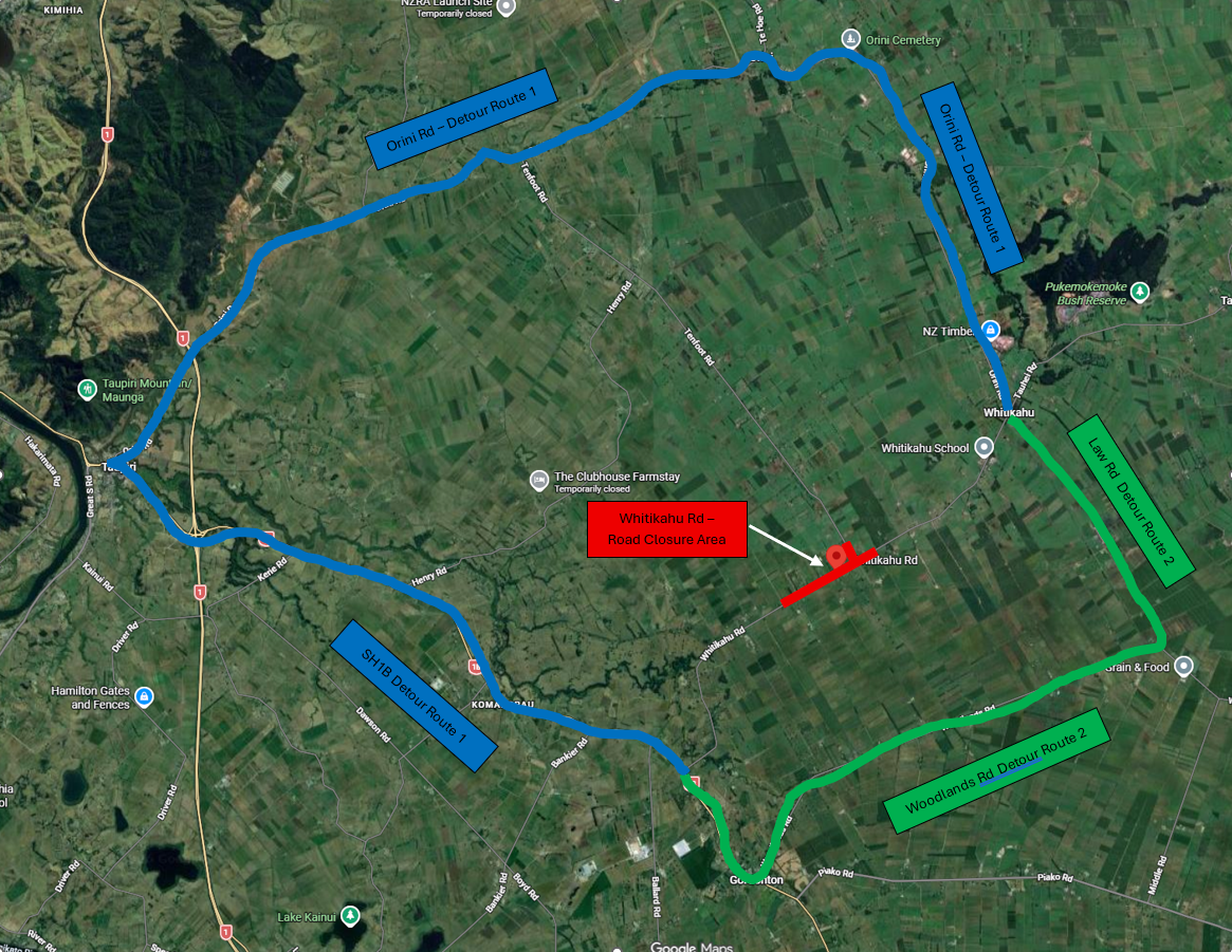 Whitikahu Road closure map showing closed road and detours